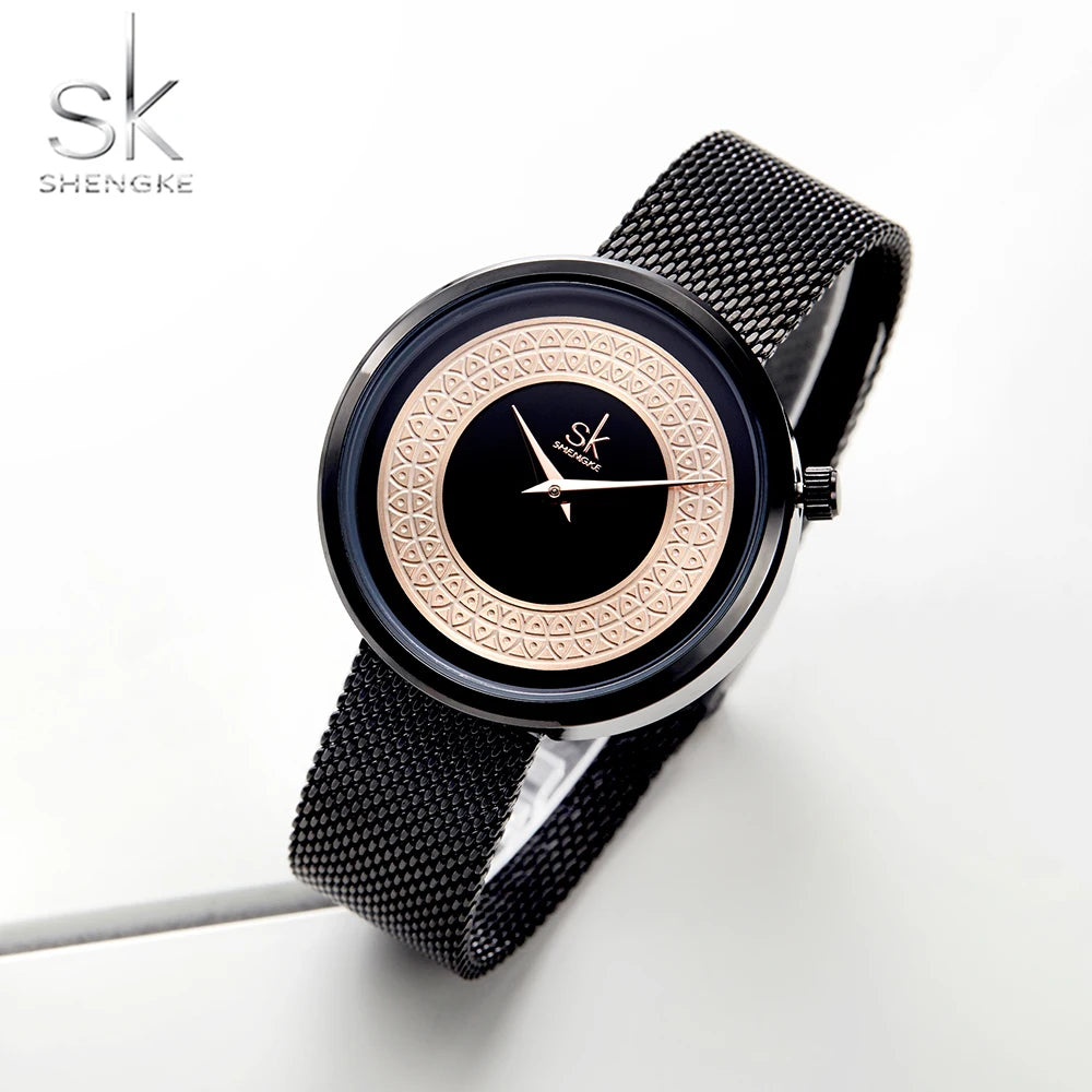 Montre Femme Shengke Maille Métallique Or Rose - Bracelet Mesh Vintage Luxe Classique