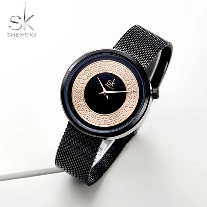 Montre Femme Shengke Maille Métallique Or Rose - Bracelet Mesh Vintage Luxe Classique