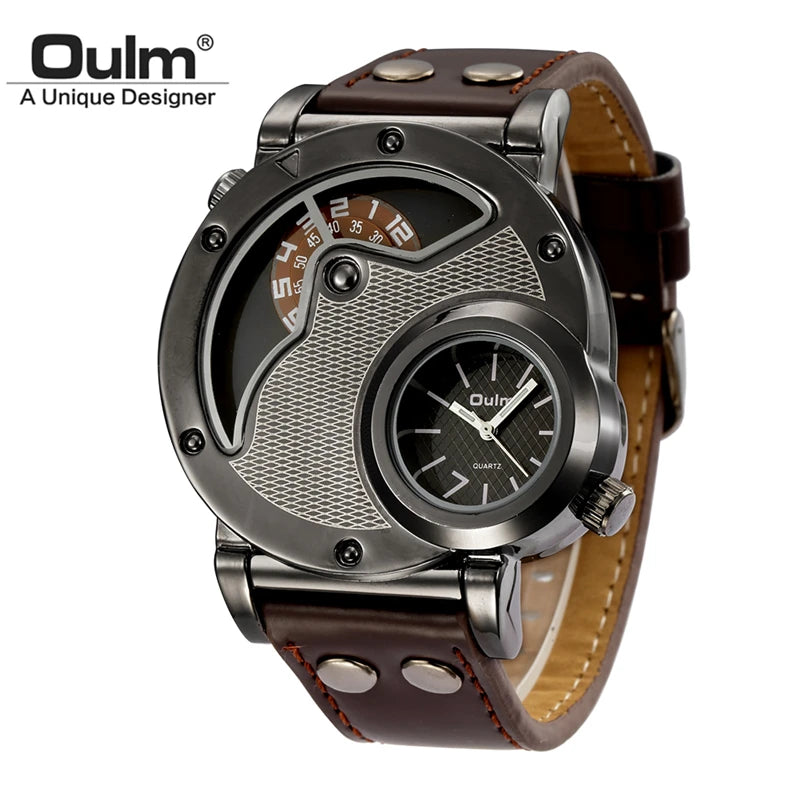 Montre Homme Oulm Luxe Double Fuseau Horaire - Quartz Cuir Sport Casual Relogio Masculino