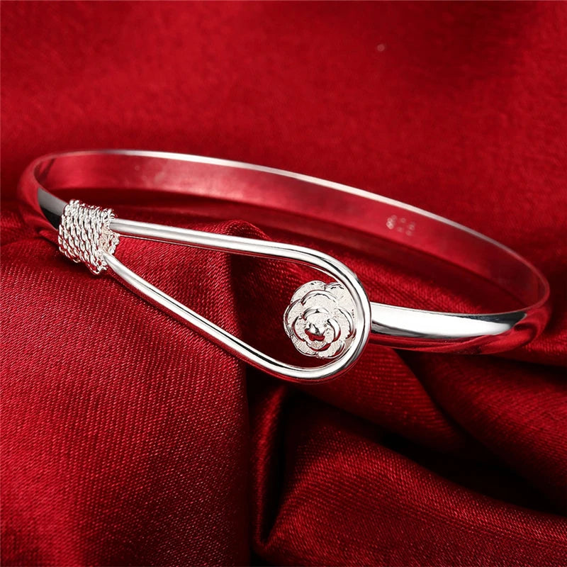 Bracelet Jonc Argent Sterling 925 DOTEFFIL Fleur Rose - Bangle Femme Mariage Fiançailles Charm