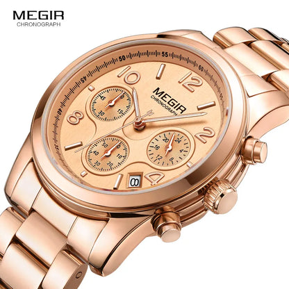 Montre MEGIR Femme Chronographe - Quartz Or Rose Luxe Bracelet Acier