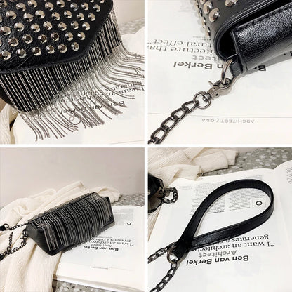 Mini Sac Bandoulière Femme Chaîne Pompons Diamants - Crossbody Fashion Noir