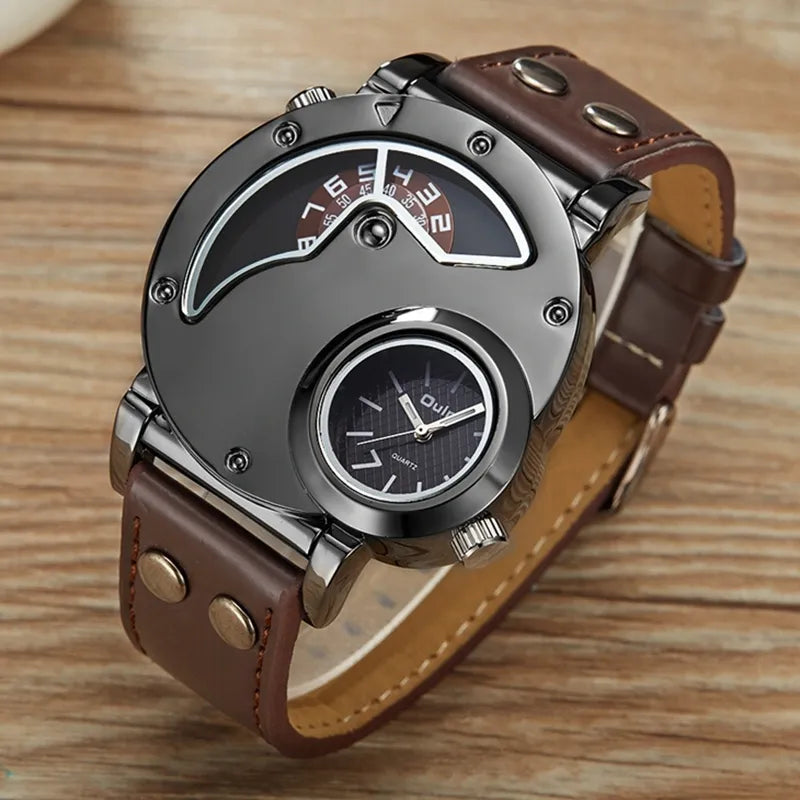Montre Homme Oulm Luxe Double Fuseau Horaire - Quartz Cuir Sport Casual Relogio Masculino