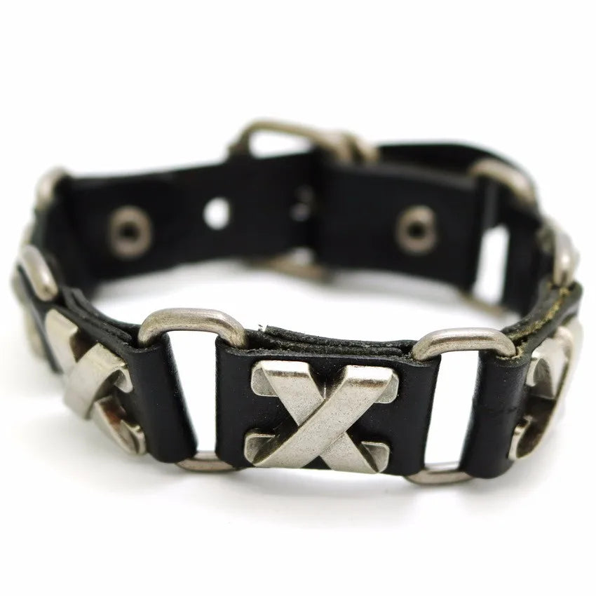 Bracelet Cuir Rétro Punk Croix - Chaîne Argent Tibétain Unisexe