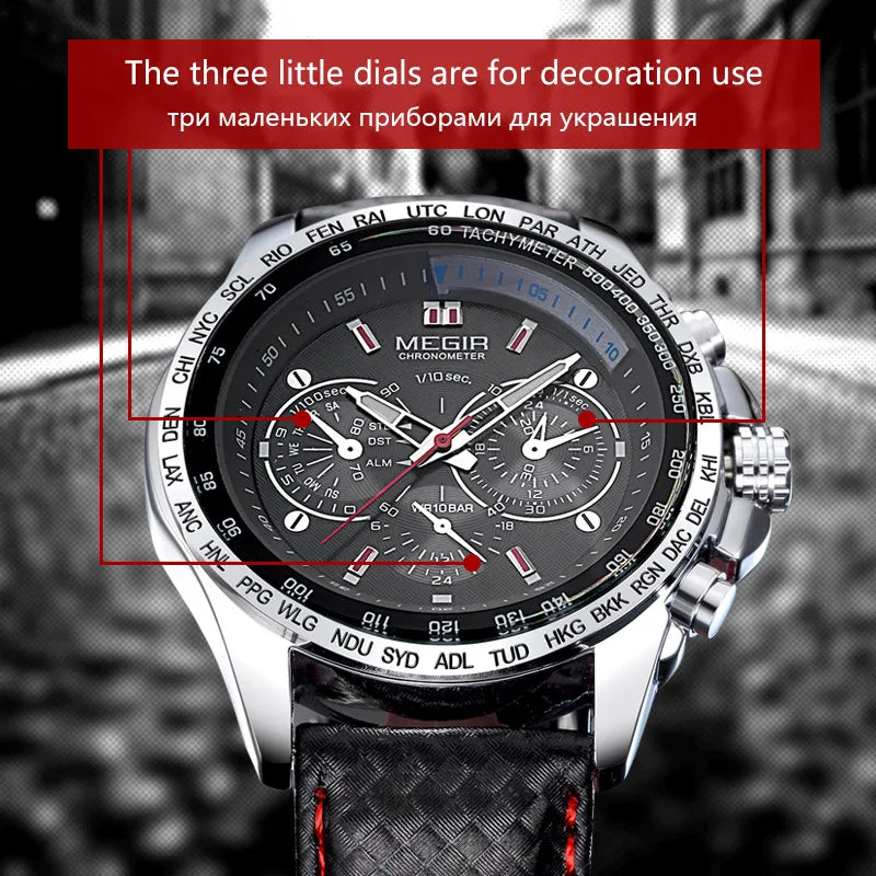 Montre Homme MEGIR Quartz Cuir Étanche - Fashion Casual Noir Blanc Relogio Masculino 1010