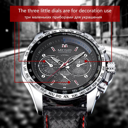 Montre Homme MEGIR Quartz Cuir Étanche - Fashion Casual Noir Blanc Relogio Masculino 1010
