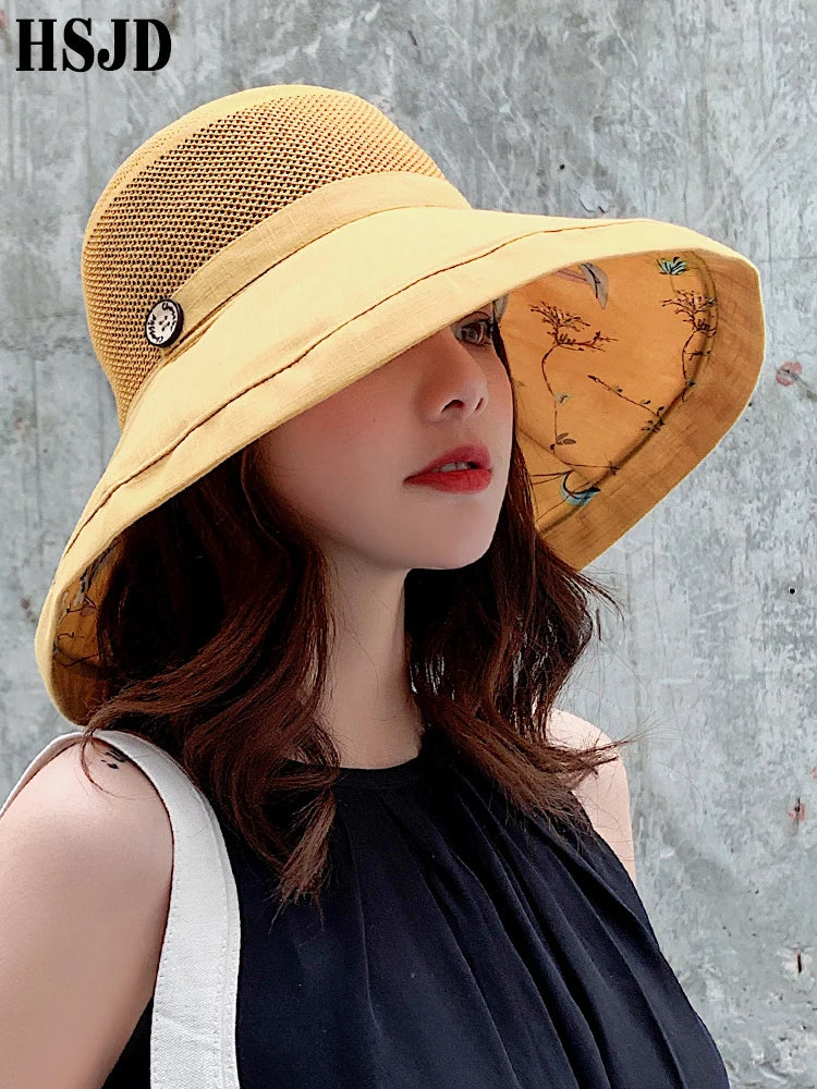 Chapeau de Soleil Femme Large Bord Fleur - Protection UV Plage Pliable Mesh Été
