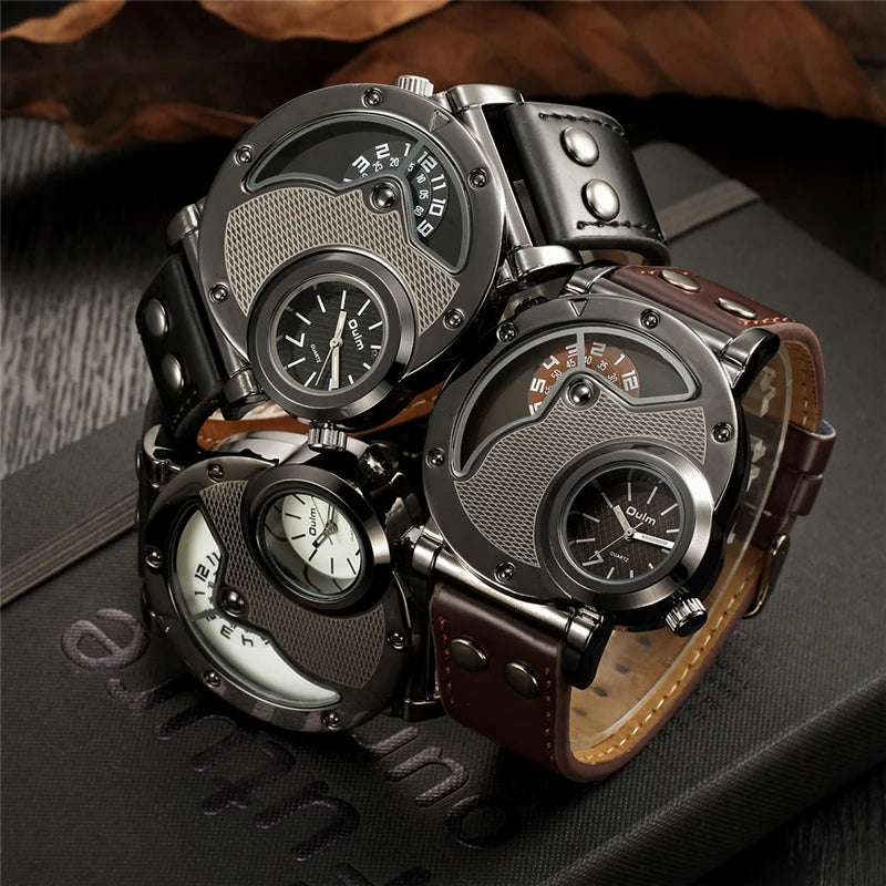 Montre Homme Oulm Luxe Double Fuseau Horaire - Quartz Cuir Sport Casual Relogio Masculino