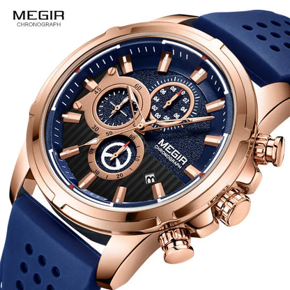Montre MEGIR Homme Chronographe - Bracelet Silicone Bleu Rose Quartz Sport