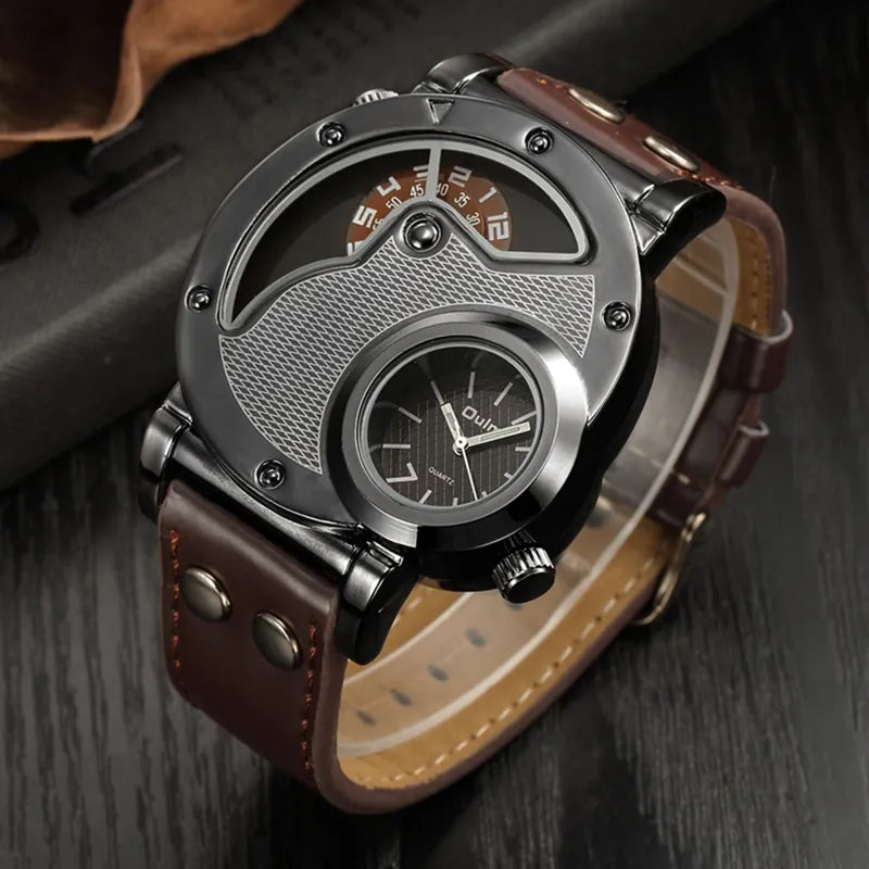 Montre Homme Oulm Luxe Double Fuseau Horaire - Quartz Cuir Sport Casual Relogio Masculino