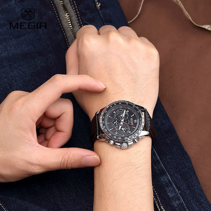 Montre Homme MEGIR Quartz Cuir Étanche - Fashion Casual Noir Blanc Relogio Masculino 1010