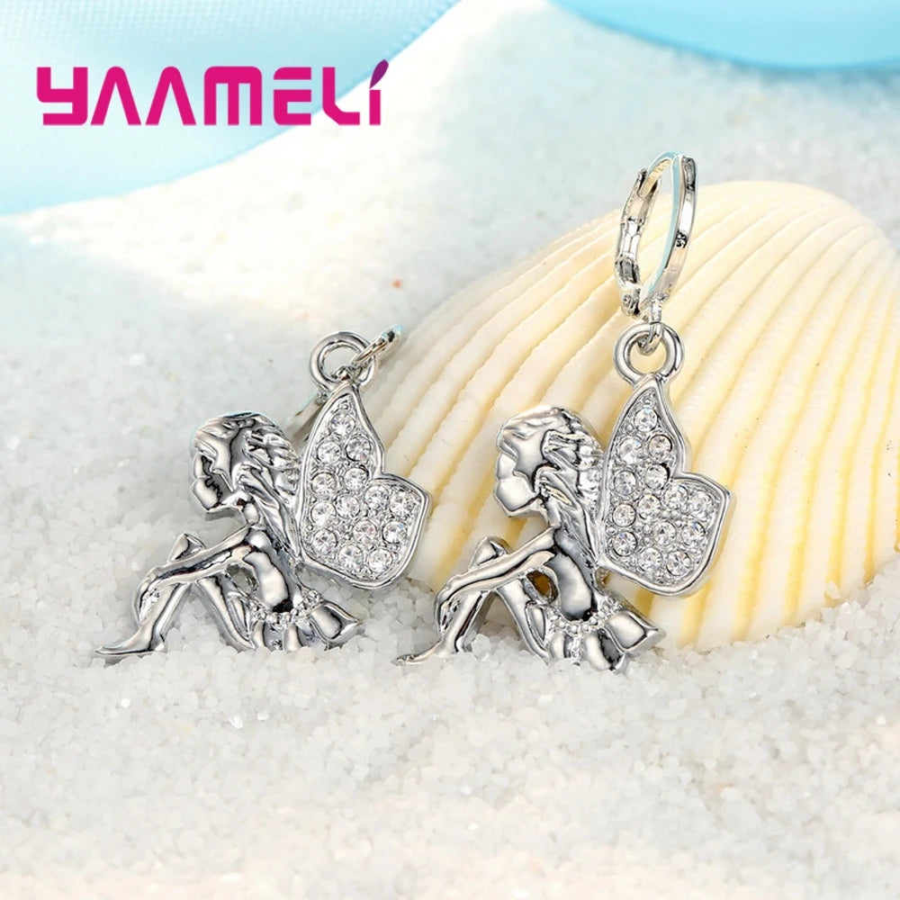 Ensemble Bijoux Argent Sterling 925 Fée - Collier & Boucles d'Oreilles Fille