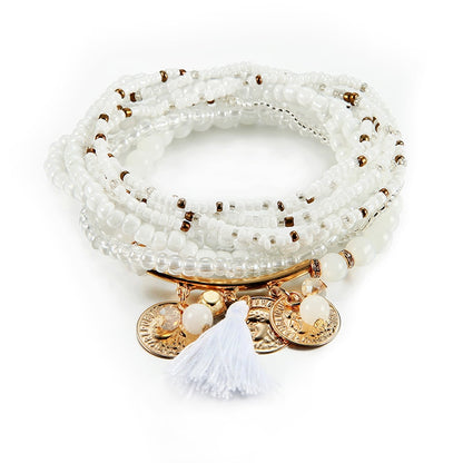 Bracelet Bohème Multicouche Femme - Perles Verre Pampille Or - Bijoux Fantaisie