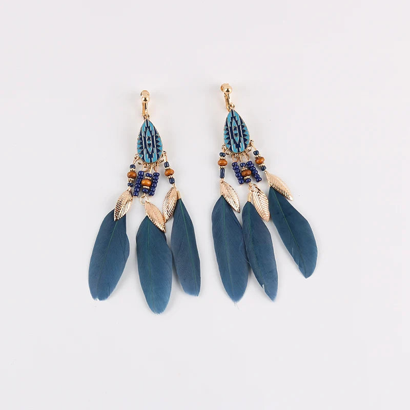 Boucles Oreilles Clips Plumes Pompons Bohème – Sans Perçage Longues Femme