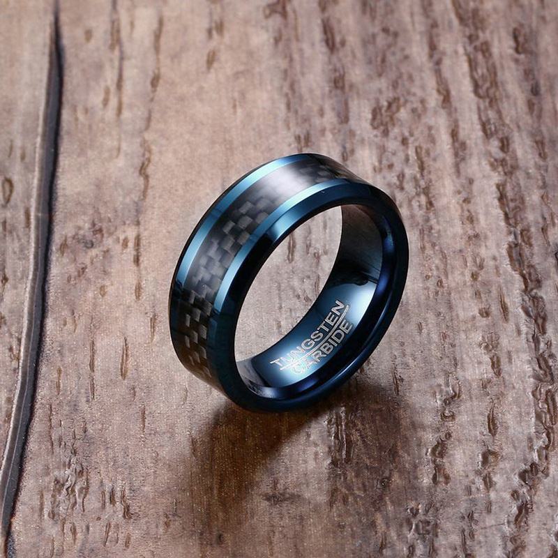 Bague Tungstène Bleu Homme 8mm - Alliance Mariage Fibre Carbone Vnox