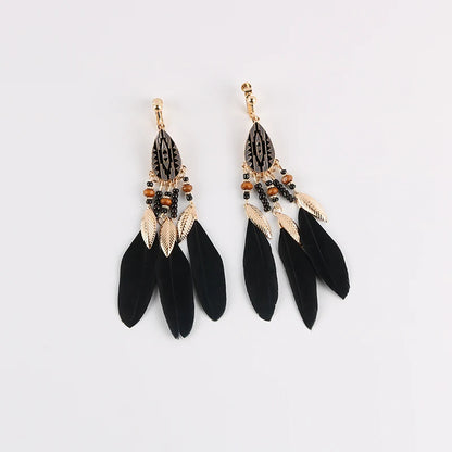 Boucles Oreilles Clips Plumes Pompons Bohème – Sans Perçage Longues Femme