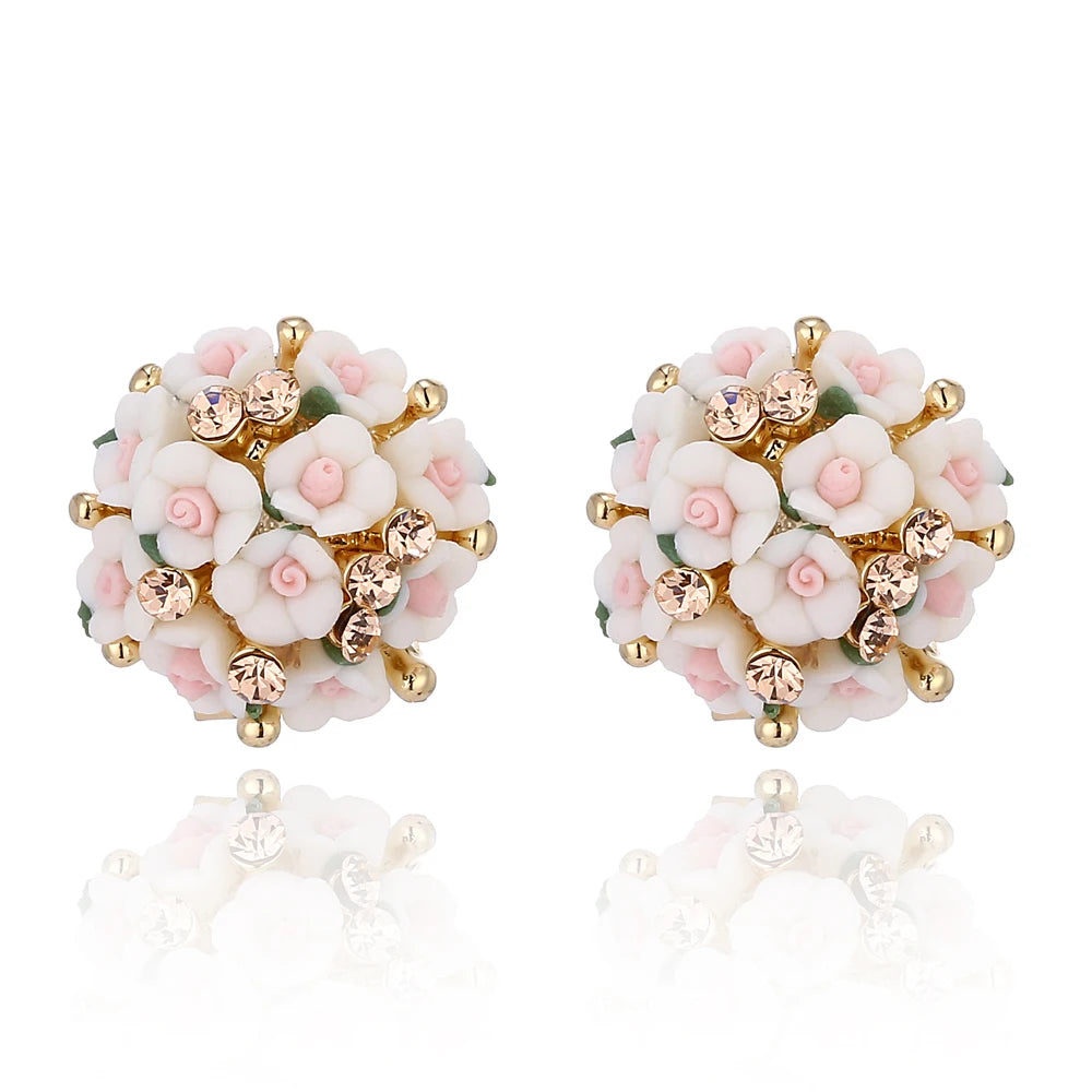 Boucles d'Oreilles Fleur Cristal Rose Blanc - Clous Femme Élégantes - Bijoux Cadeau