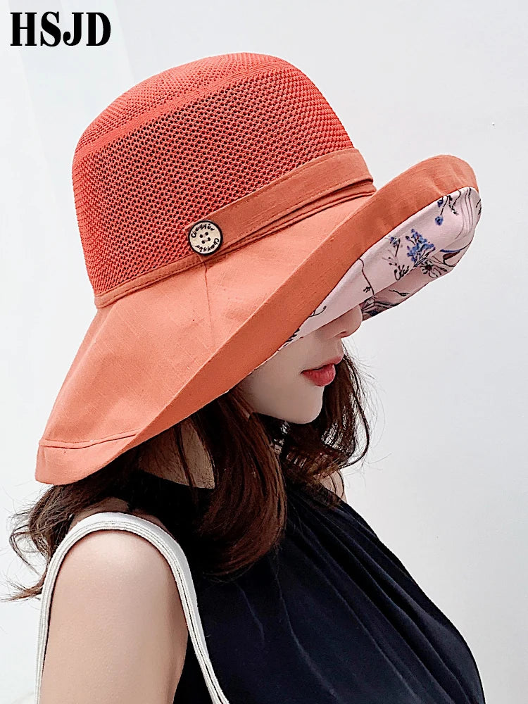 Chapeau de Soleil Femme Large Bord Fleur - Protection UV Plage Pliable Mesh Été
