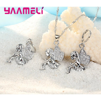Ensemble Bijoux Argent Sterling 925 Fée - Collier & Boucles d'Oreilles Fille