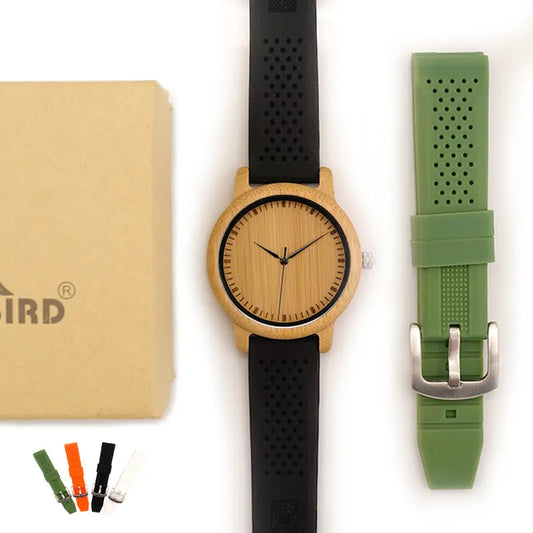 Montre Homme BOBO BIRD Bambou Bois - Montre Écologique Silicone Bracelet Extra