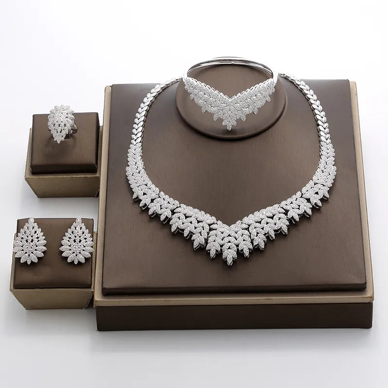 Ensemble Bijoux Mariage Hadiyana Zircone Cubique - Parure Luxe Mariée Collier Boucles Or