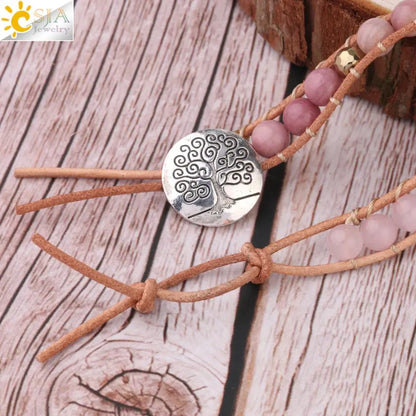 Bracelet Wrap Quartz Rose Cuir – Pierre Naturelle Bohème Multicouche
