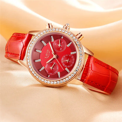 Montre Femme LIGE Luxe Cuir Quartz Diamants - Montre Élégante Cadeau Coffret