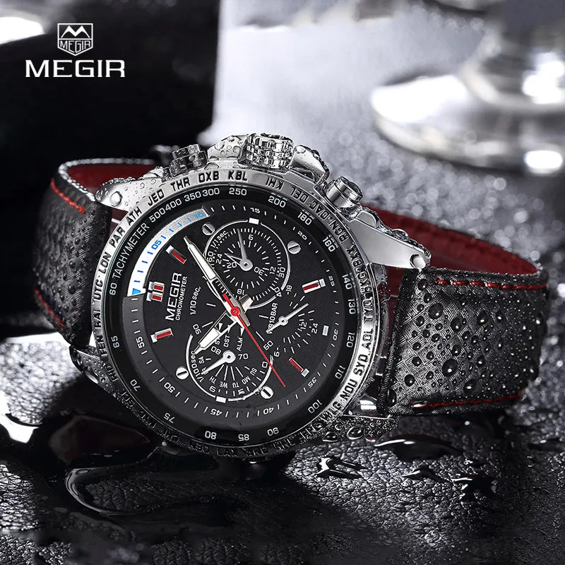 Montre Homme MEGIR Quartz Cuir Étanche - Fashion Casual Noir Blanc Relogio Masculino 1010
