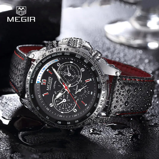 Montre Homme MEGIR Quartz Cuir Étanche - Fashion Casual Noir Blanc Relogio Masculino 1010