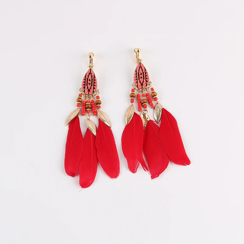 Boucles Oreilles Clips Plumes Pompons Bohème – Sans Perçage Longues Femme
