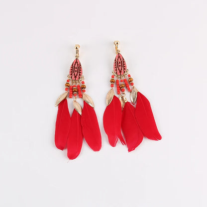Boucles Oreilles Clips Plumes Pompons Bohème – Sans Perçage Longues Femme