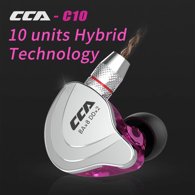 Écouteurs CCA C10 Hybrides 4BA+1DD - Intra-Auriculaires HiFi avec Réduction de Bruit Active