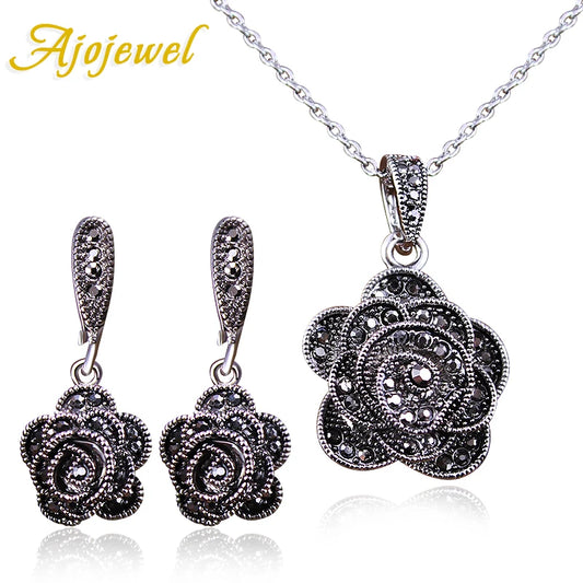 Ensemble Collier Boucles d'Oreilles Rose Cristal Noir – Parure Bijoux Vintage Élégante Femme