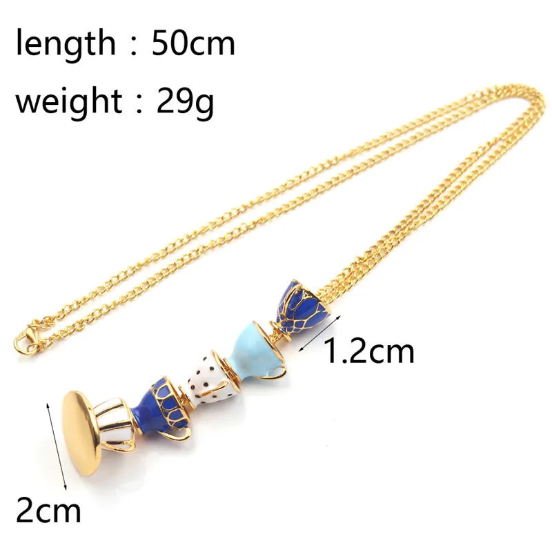 Collier Pendentif Tasse Thé Émail Fait Main - Chaîne Longue Pull Bohème