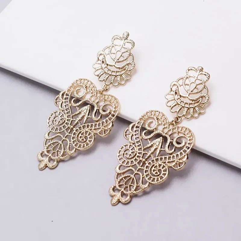 Boucles d'Oreilles Pendantes Feuilles Fleurs Ajourées - Statement Bohème Exagéré