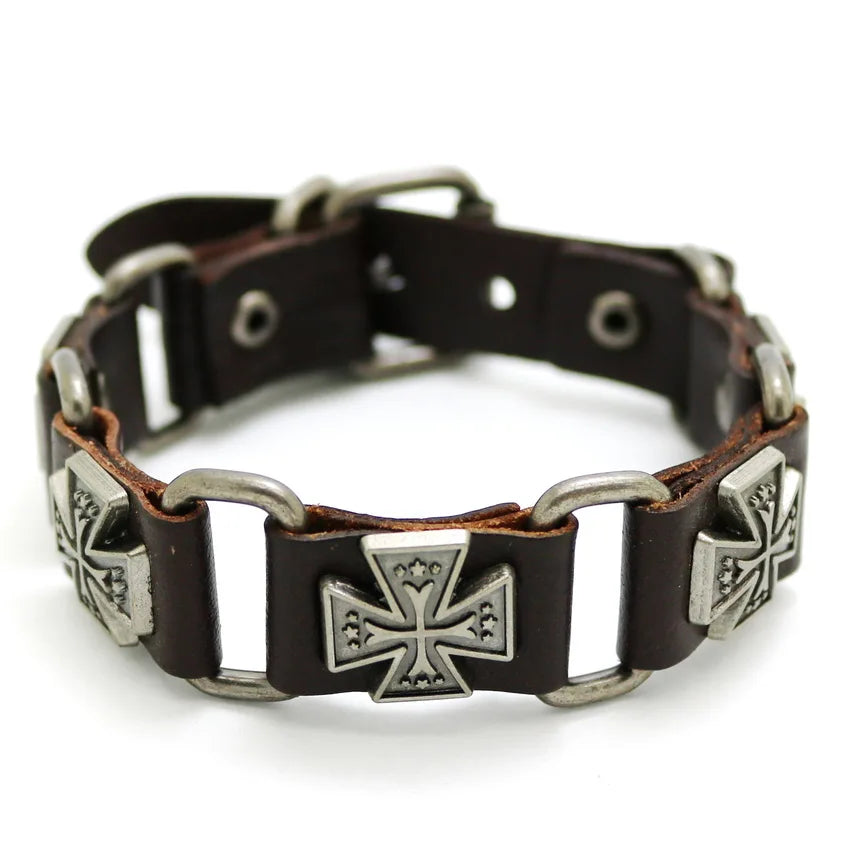 Bracelet Cuir Rétro Punk Croix - Chaîne Argent Tibétain Unisexe