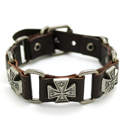 Bracelet Cuir Rétro Punk Croix - Chaîne Argent Tibétain Unisexe