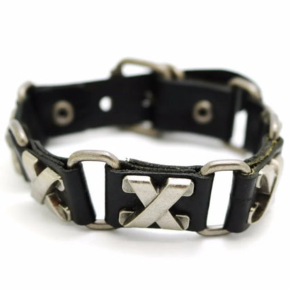 Bracelet Cuir Rétro Punk Croix - Chaîne Argent Tibétain Unisexe