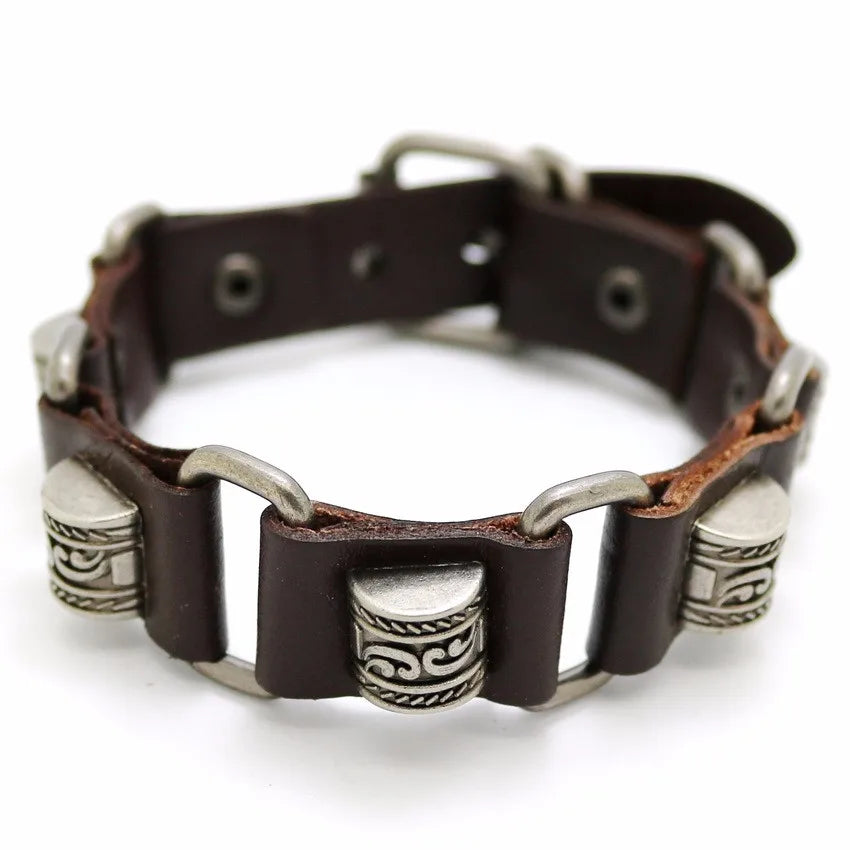 Bracelet Cuir Rétro Punk Croix - Chaîne Argent Tibétain Unisexe