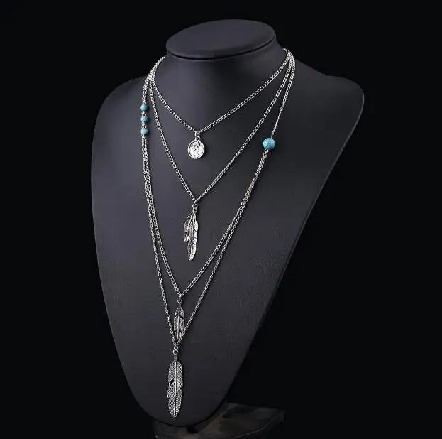 Collier Bohème Multicouche Plumes Perles – Sautoir Maxi Tendance