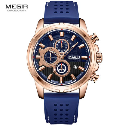 Montre MEGIR Homme Chronographe - Bracelet Silicone Bleu Rose Quartz Sport