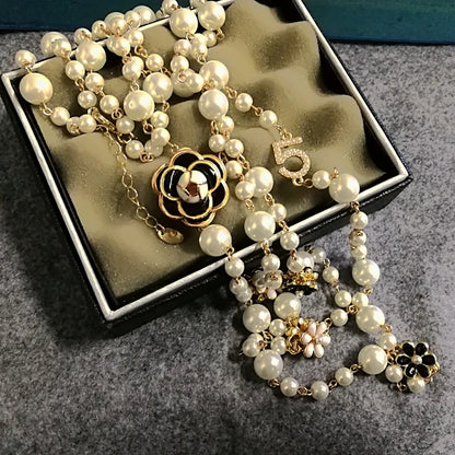 Collier Perles Simulées Long Double-Couche Femme - Pendentif Chaîne Pull Soirée Bijoux