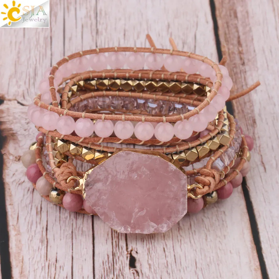 Bracelet Wrap Quartz Rose Cuir – Pierre Naturelle Bohème Multicouche