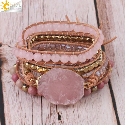 Bracelet Wrap Quartz Rose Cuir – Pierre Naturelle Bohème Multicouche