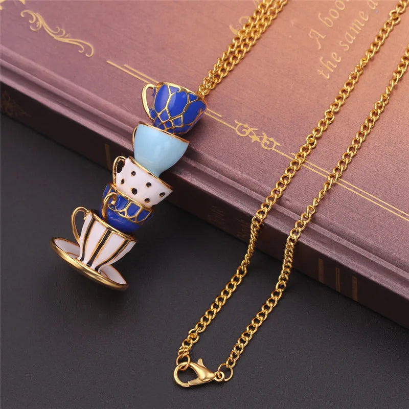 Collier Pendentif Tasse Thé Émail Fait Main - Chaîne Longue Pull Bohème
