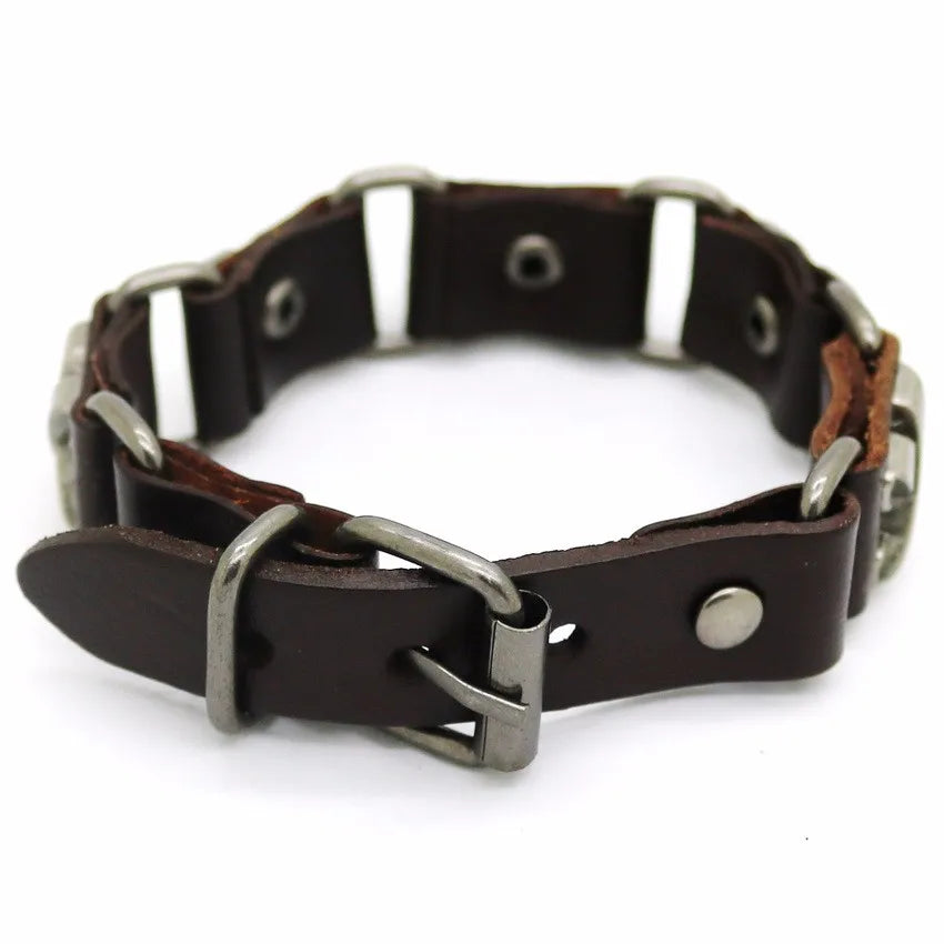 Bracelet Cuir Rétro Punk Croix - Chaîne Argent Tibétain Unisexe