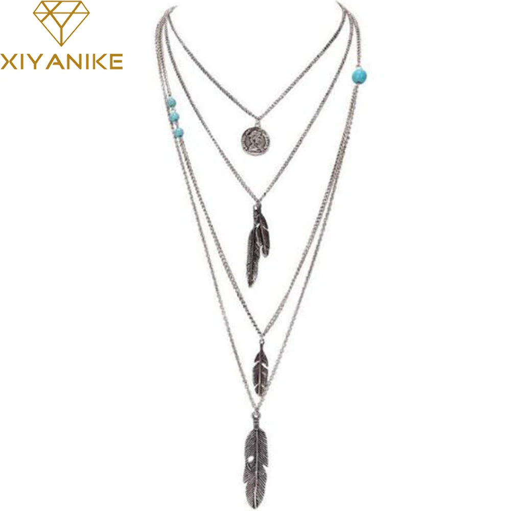 Collier Bohème Multicouche Plumes Perles – Sautoir Maxi Tendance