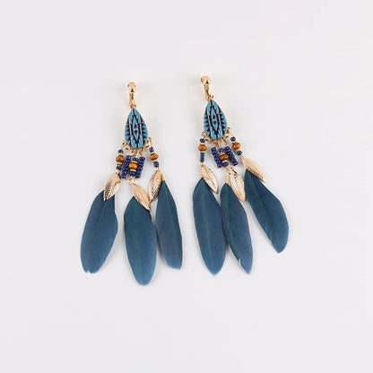 Boucles Oreilles Clips Plumes Pompons Bohème – Sans Perçage Longues Femme