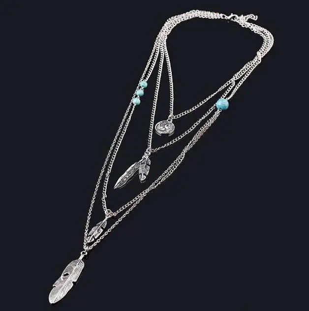 Collier Bohème Multicouche Plumes Perles – Sautoir Maxi Tendance