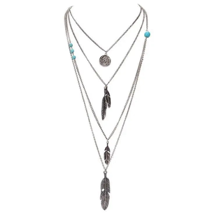 Collier Bohème Multicouche Plumes Perles – Sautoir Maxi Tendance